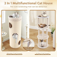 4 Story Cat Tree Condo, 49” Barrel-Shaped Cat House with Detachable Sisal Scratching Board, 3 Hideaways & Removable Soft Top