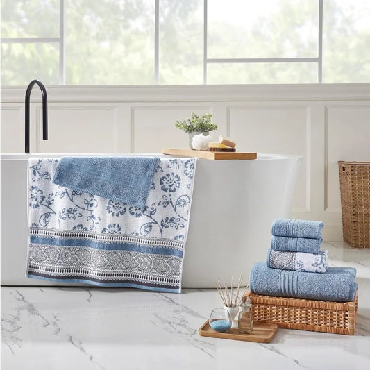 6 Piece Set, 2 Bath Towels, 2 Hand Towels, 2 Washcloths Yarn Dyed Jacquard/Solid Towel Set Ophelia Blue