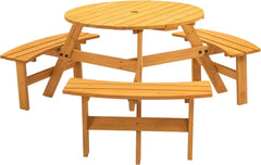 6 Person Outdoor Picnic Table, Round Picnic Table with 3 Built-in Benches, Umbrella Hole,Outside Wood Picnic Table and Bench Set