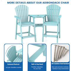 Tall Adirondack Chairs Set of 2,Recycled Poly Balcony Chair with Double Connecting Tray Patio Stools Weather Resistant