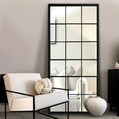 Balck Full Length Mirror, Window Pane Grid Mirror, Minimalism Long Wall Mounted Mirror 4MM Thickness HD, Floor Mirrors for Home