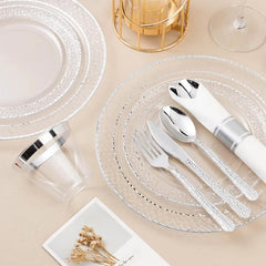 350PCS Clear Plastic Plates with Gold Trim for 50 Guests, Disposable Dinnerware Set for Party & Wedding, Includes 100 Plastic