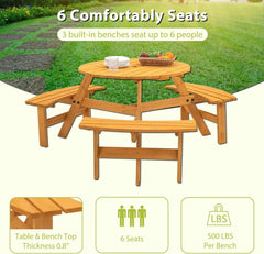 6 Person Outdoor Picnic Table, Round Picnic Table with 3 Built-in Benches, Umbrella Hole,Outside Wood Picnic Table and Bench Set