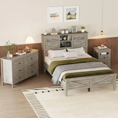 3-Pieces Bedroom Sets Queen Size Farmhouse Platform Bed，Double Sliding Door Storage Headboard,Storage Nightstand and Dresser
