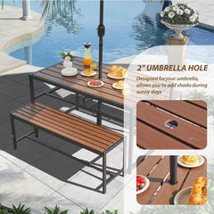 Outdoor Picnic Table and Bench Set with 2" Umbrella Hole and Storage Shelf, Patio Dining Set for 6 People, Outdoor Dining Table