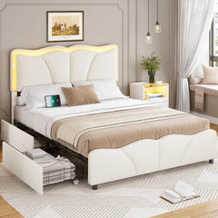 MSmask Queen Bed Frame with 4 Storage Drawers and LED Lights, Velvet Upholstered Platform Bed Frame with Height Adjustable Headb