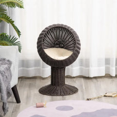 27-inch Cat Bed, Rattan Cat House, Elevated Cat House, Kitten Scratching House, with Mat, Dark Brown