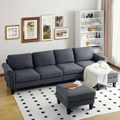 Redlife 108" Sectional Sofa w/ Chaise Living Room Sofa Convertible 4 Seat L-Shape Sofa Set Fabric Sectional Couch w/ Two Ottoman