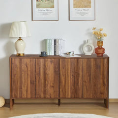 Sideboard Buffets Cabinet, Modern Accent Storage Cabinet with 4 Fluted Doors and Adjustable Shelves, Wood Credenza Buffet Sidebo