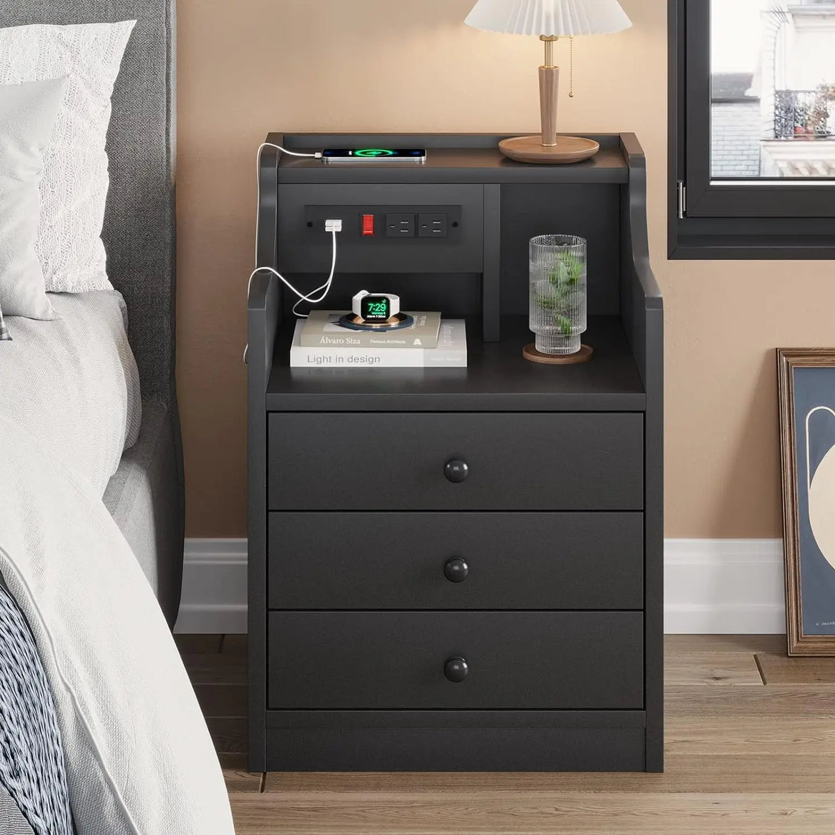 Bedside Table Set of 2 with Charging Station and Storage, Bedroom Bedside Table Set of 2