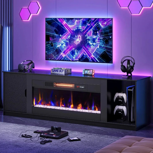 70" Modern Fireplace TV Stand for TVs Up To 80" with LED Lights and Storage, PS5 Gaming TV Console for Living Room, TV Stands