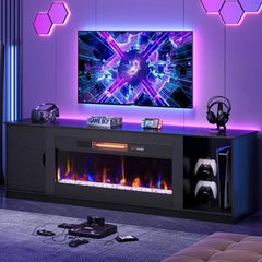 70" Modern Fireplace TV Stand for TVs Up To 80" with LED Lights and Storage, PS5 Gaming TV Console for Living Room, TV Stands