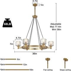 Hanging chandelier 36in Gold Chandeliers Wagon Chandelier Over Table, 6-Light Pendant Lighting Fixture Modern Crystal Chandelier