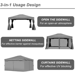 12x14 ft. Outdoor Aluminum Gazebo with Privacy Curtains and Netting, Grey Canopy Shelter for Patio, Garden, Gazebos
