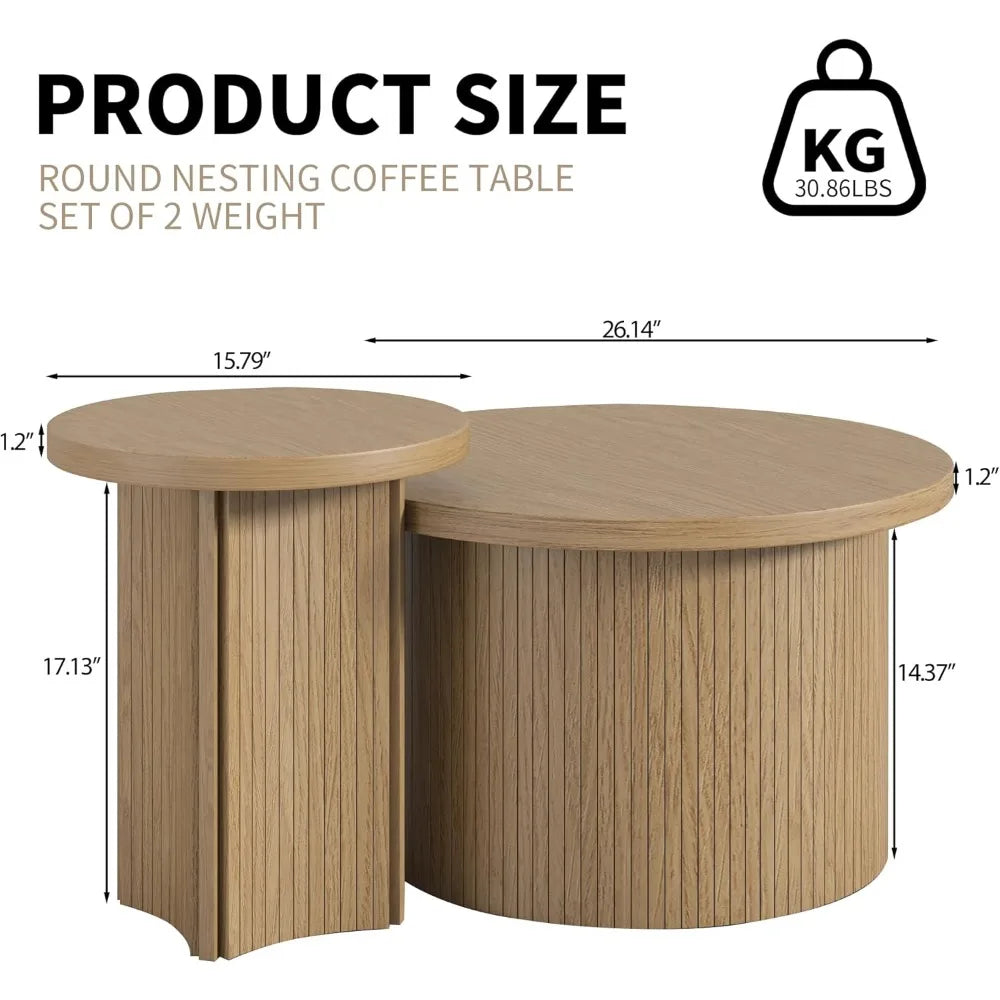 Rustic Round Nesting Coffee Table Set – Space-Saving Wooden Coffee Tables for Living Room