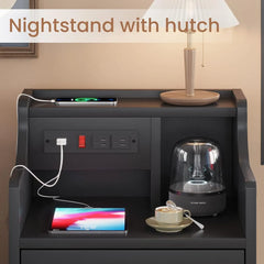 Nightstand with Charging Station,Black Night Stand for Bedroom,End Tablek