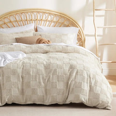 Boho Duvet Cover King Size - Checkered King Duvet Cover Set for All Seasons, 3 Pieces Soft Shabby Chic Embroidery Boho Bedding