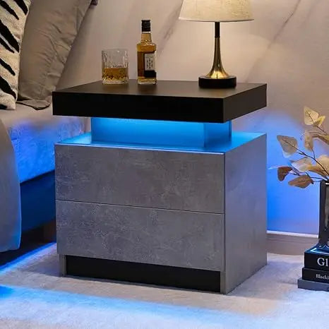 Nightstand LED Bedside Table for Bedroom Modern Night Stand with 2 Wood Drawers End Side Table for Bedroom