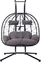 2 Person Egg Swing Chair with Stand - Indoor/Outdoor Hammock Chair & Hanging Egg Chair | Rattan Wicker, UV Resistant Cushion & P