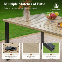 HERA'S HOUSE Outdoor Dining Table for 6, Rectangular Metal Patio Table with Umbrella Hole, 6-Person Weather Resistant Wood-Like