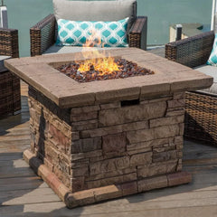 Outdoor Propane Fire Pit Table w Faux Ledgestone 32-inch Square Fire Table, 50,000 BTU Stainless Steel Burner, Free Lava Rocks