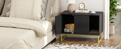 Cat Litter Box Enclosure, Fluted Hidden Litter Box Furniture with Scratch Pad and Metal Legs, Modern Enclosed Cat Cabinet