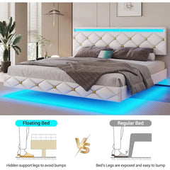 King Size Floating Bed Frame with LED Lights & USB Ports, Faux Leather Upholstered Platform Bed