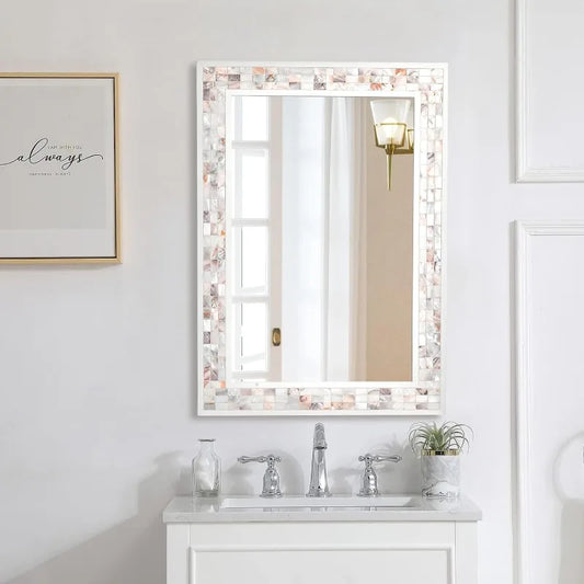 White Mirrors for Wall , Natural Mother of Pearl Inlay Mosaic Framed Rectangle Mirror for Bathroom, Bedroom or Entryway