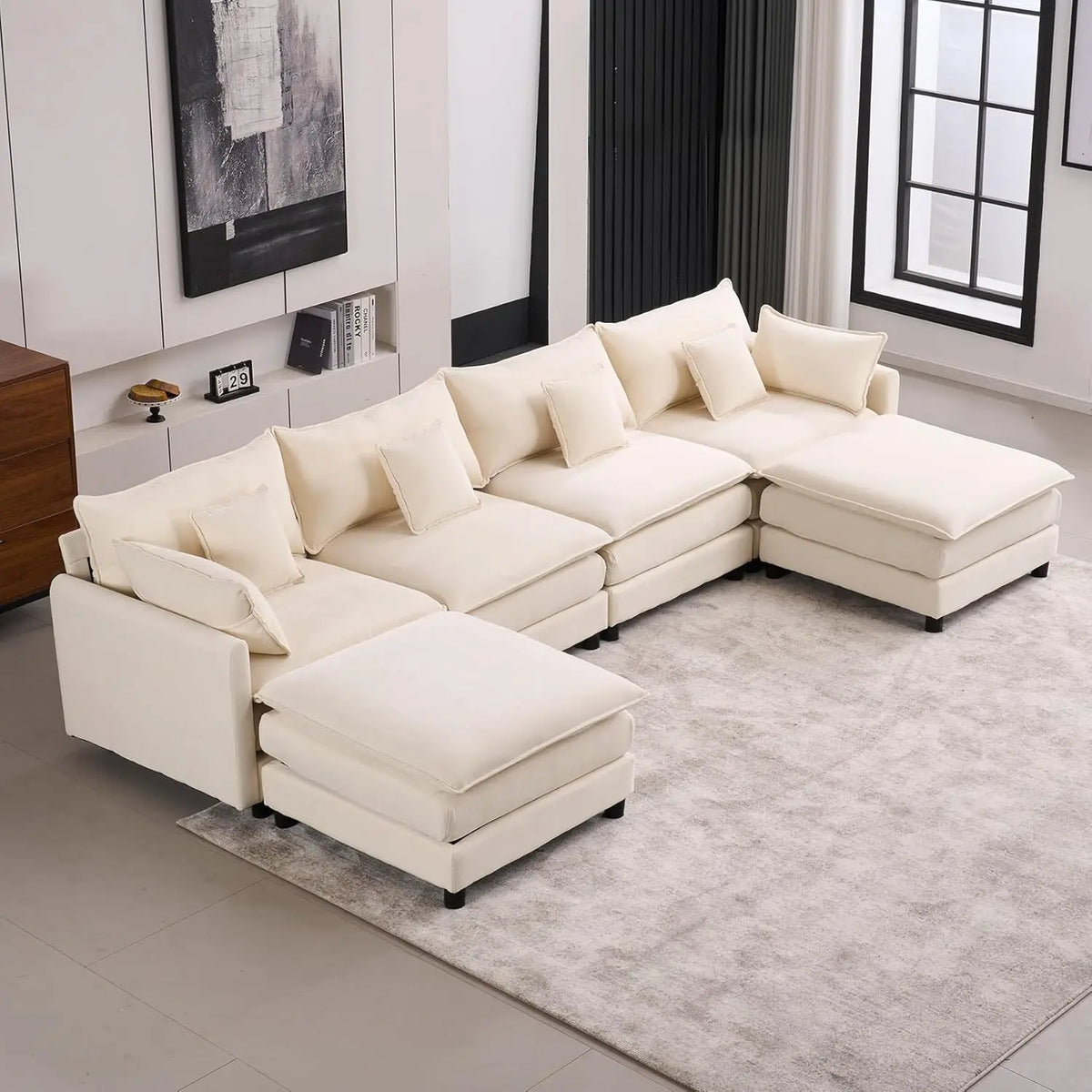 145" U Shaped Cloud Couch Sectional for Living Room, Oversized Modern Modular Sofa with Movable Ottoman, Comfy Fluffy Chenille