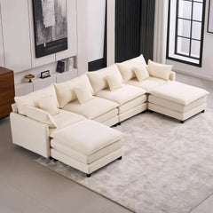 145" U Shaped Cloud Couch Sectional for Living Room, Oversized Modern Modular Sofa with Movable Ottoman, Comfy Fluffy Chenille