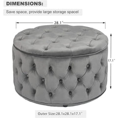 28" Round Velvet Storage Ottoman, Tufted Footrest Stool & Coffee Table for Living Room (Grey)