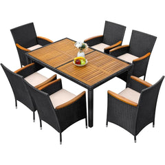 7 piece outdoor patio dining set, conversation set, 1 table and 6 rattan chairs, curved acacia wood armrests and cushions, black