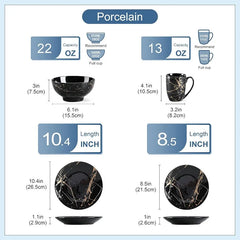Plates and Bowls Sets for 4, Black Dinnerware Sets 16 Piece Gold Splash Glaze Round Dish Set, Porcelain Plate