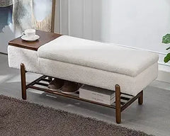 Entryway Storage Bench for Bedroom Sherpa End of Bed Upholstered Ottoman Bench with Wood Shoe Storage/Coffee Table for Living R