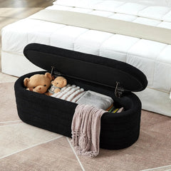 Modern Oval Storage Ottoman Bench – Upholstered Boucle Teddy Fabric with Hidden Storage, Black