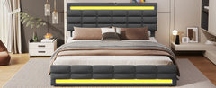 LED Bed Frame with 4 Drawers & USB Charging Station, Upholstered Platform Queen Size Bed with LED Headboard & Footboard