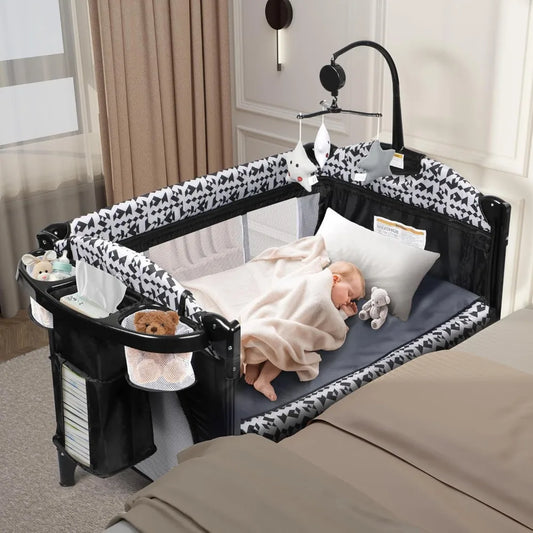 5-in-1 Pack and Play, Baby Bassinet Bedside Sleeper with Diaper Changer, Storage Bag & Music Box, Portable Baby Crib