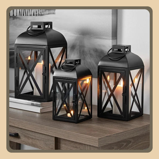 (2 pack)  Decorative Black Metal Pillar Candleholder Lantern, 10", Small