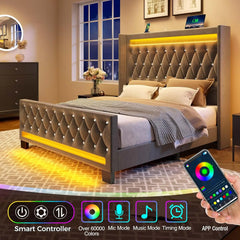 Queen Bed Frame with LED Light and Charging Station, Upholstered High Headboard and Footboard, Wood Slats, Noise Free, Grey