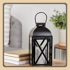 (2 pack)  Decorative Black Metal Pillar Candleholder Lantern, 10", Small