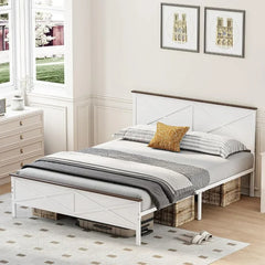 Queen Size Farmhouse Metal Platform Bed Frame with Headboard, Footboard & Under-Bed Storage