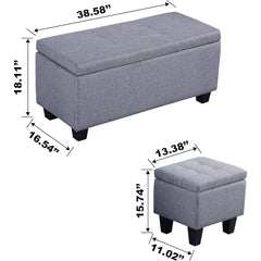 Hinged Storage Ottoman Set of 3, 38'' Living Room Storage Bench with Thick Seating, 2pcs Small Square Dorm Stool