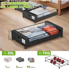 Under Bed Storage with Wheels,  Under Bed Storage Containers, Under The Bed Storage Organizer with Clear Lids - Rolling Drawers