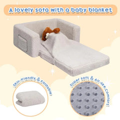 Fold Out Toddler Couch, Extra Wide Comfy 2-in-1 Cuddly Sherpa Sofa for Kids, with Removable Baby Friendly Blanket, Convertible