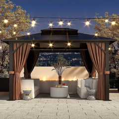 12'x16 'hard Top Pavilion, Outdoor Polycarbonate Double Roof Pavilion with Aluminum Frame, Mesh, and Curtains Gazebo