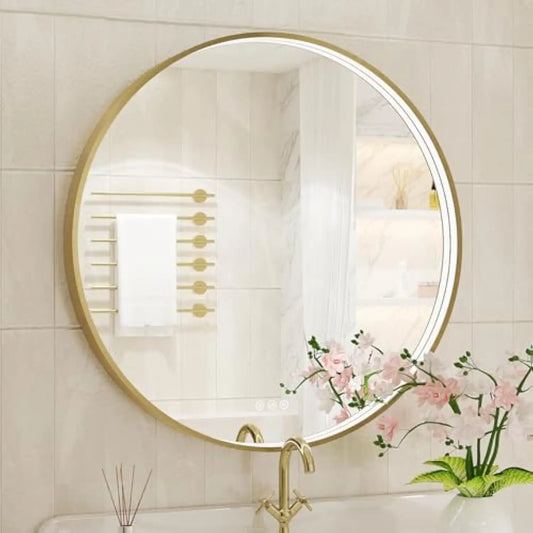 32 英寸 Round Led Bathroom Mirror, Gold Metal Framed Lighted Mirror for Bathroom, Wall Mouted Led Vanity Mirror with Lights, 3