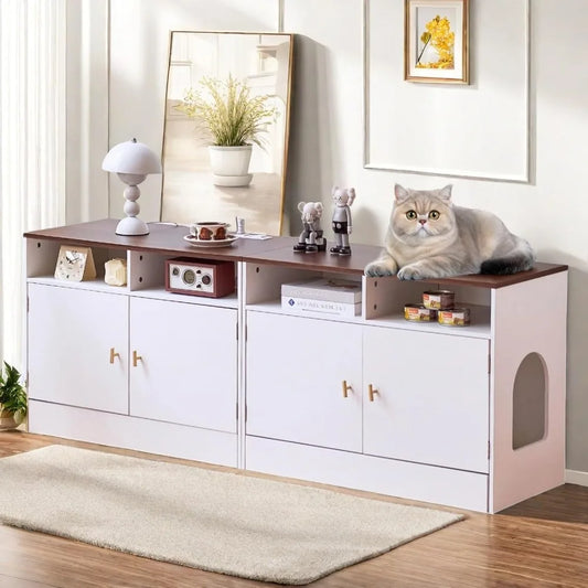 Double Cat Litter Box Enclosure for 2 Cats, 63" Wooden Hidden Cat Litter Box Furniture with Power Outlet,Cat House TV Stand
