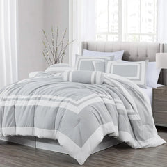 Collection Caprice Silver/White Comforter Set Full Size, 7-Piece Square Pattern Hotel Style Bedding Set for All Seasons