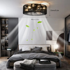 Black Caged Ceiling Fan with Lights and Remote Control 18'' Low Profile Bladeless Flush Mount Fan for Indoor Living Room Bedroom
