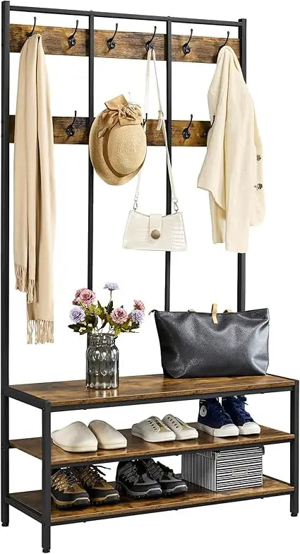 Hall Tree Entryway Coat Rack with Bench, Large Hall Tree with Wooden Shoe Storage & 24 Hooks for Entryway, Sturdy Meta